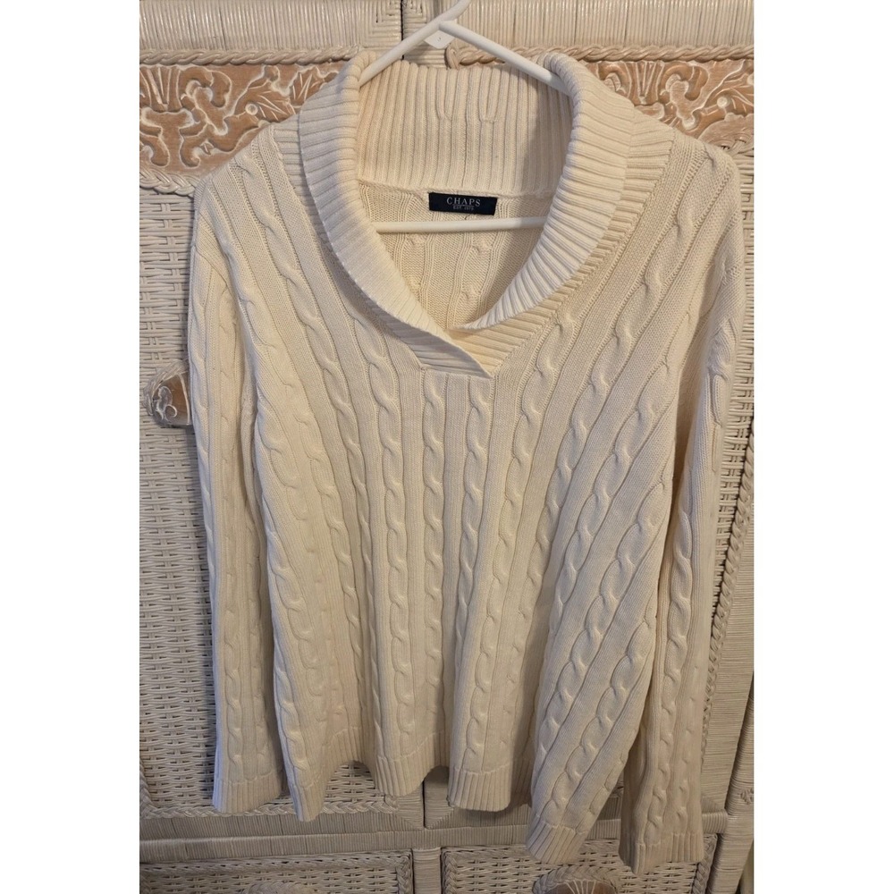 Chaps Cable Knit Sweater Womens XL Ivory Excellent Shawl Collar Cotton Pullover